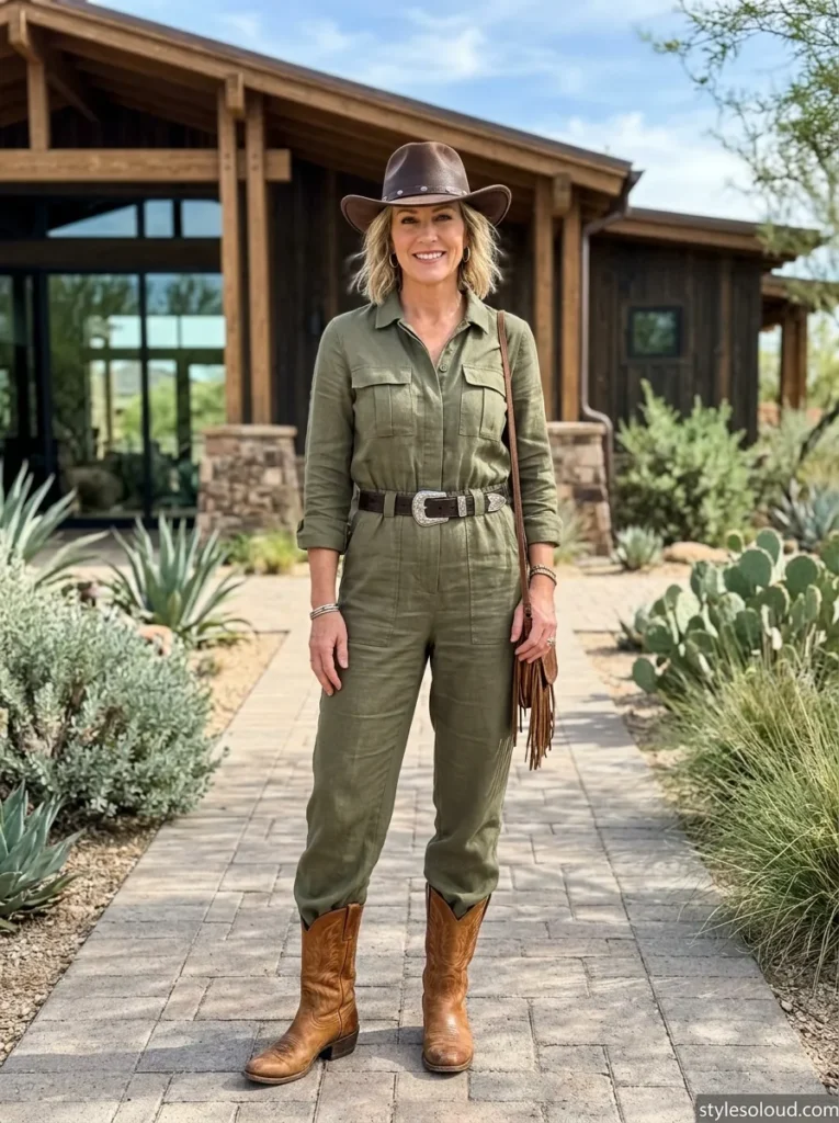  Linen Utility Jumpsuit & Leather Hat
