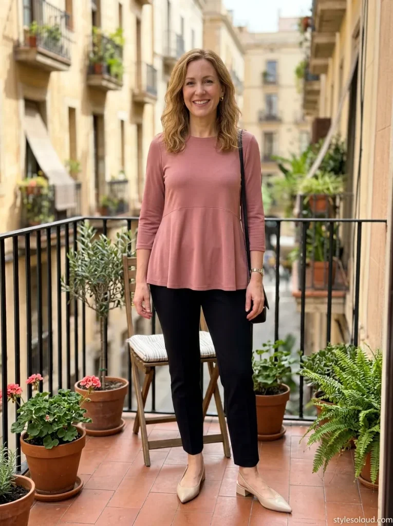 Soft Peplum Blouse with Slim Ankle Trousers