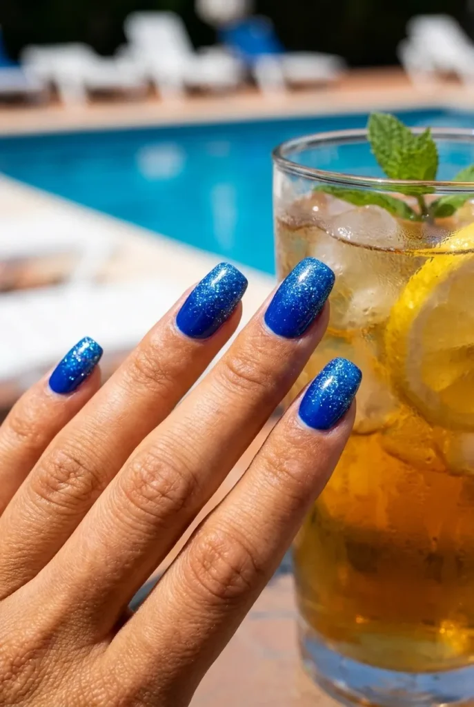 Blue micro-glitter Nails art