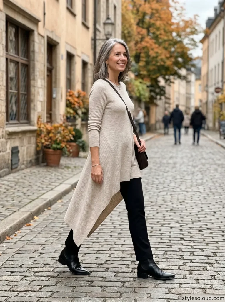  Asymmetrical Hem Knit Tunic over Heavyweight Ponte Pants