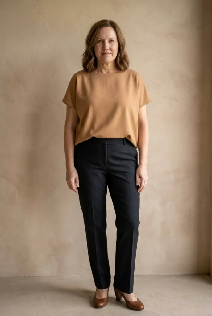  Avoid clingy fabric — soft camel top with drape