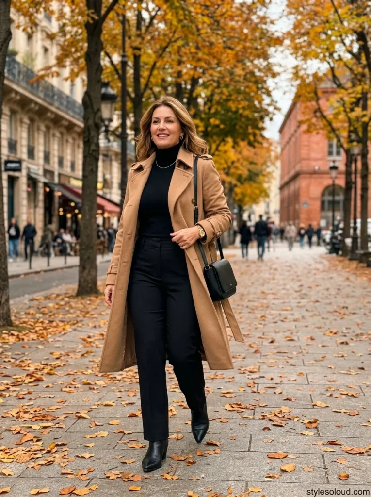 Belted Camel Trench Coat over a Monochrome Base