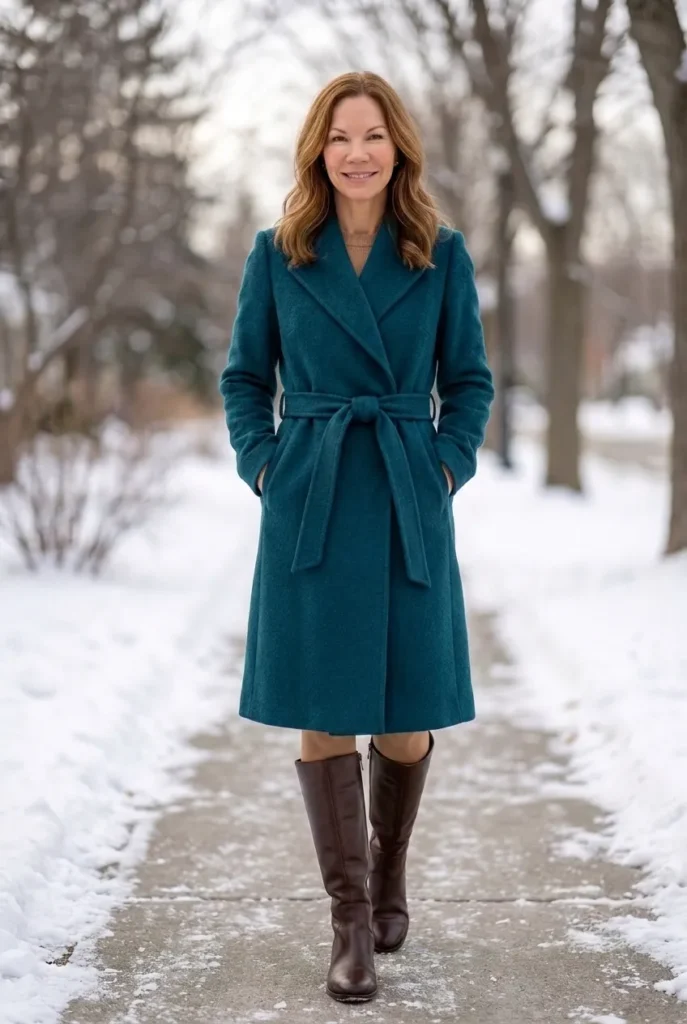 Belted coat — deep teal Winter Outfits for women over 40