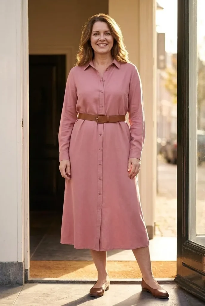 Belted shirt dress — dusty rose pink