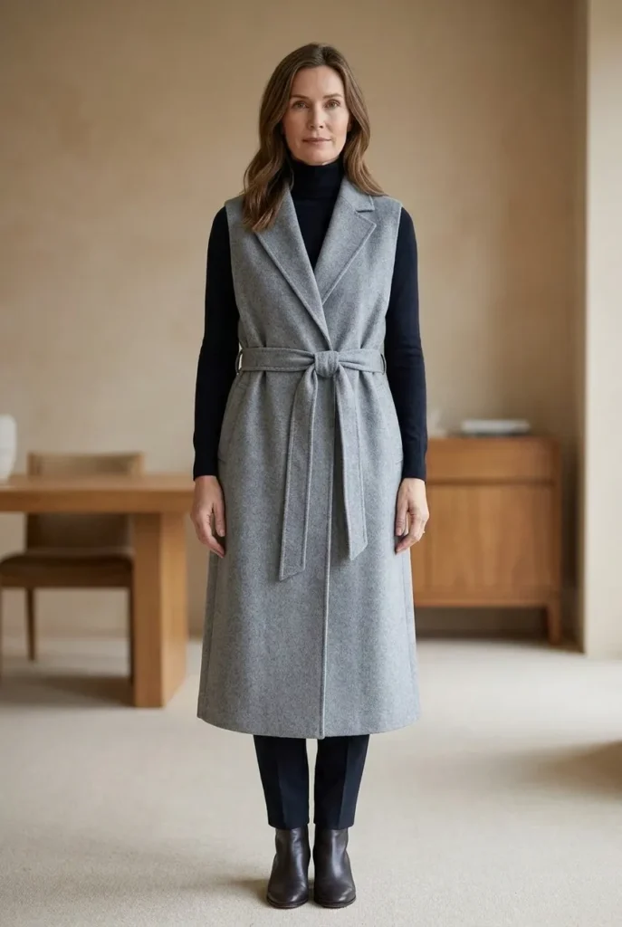 Belted vest coat — soft grey
