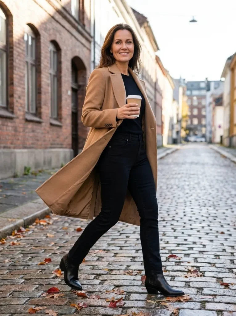 Black Denim + Camel Coat