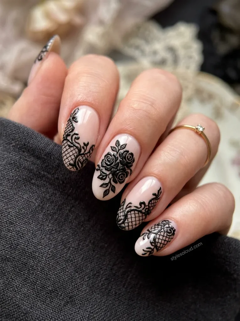 Black Guipure Lace on Milky Nude Base