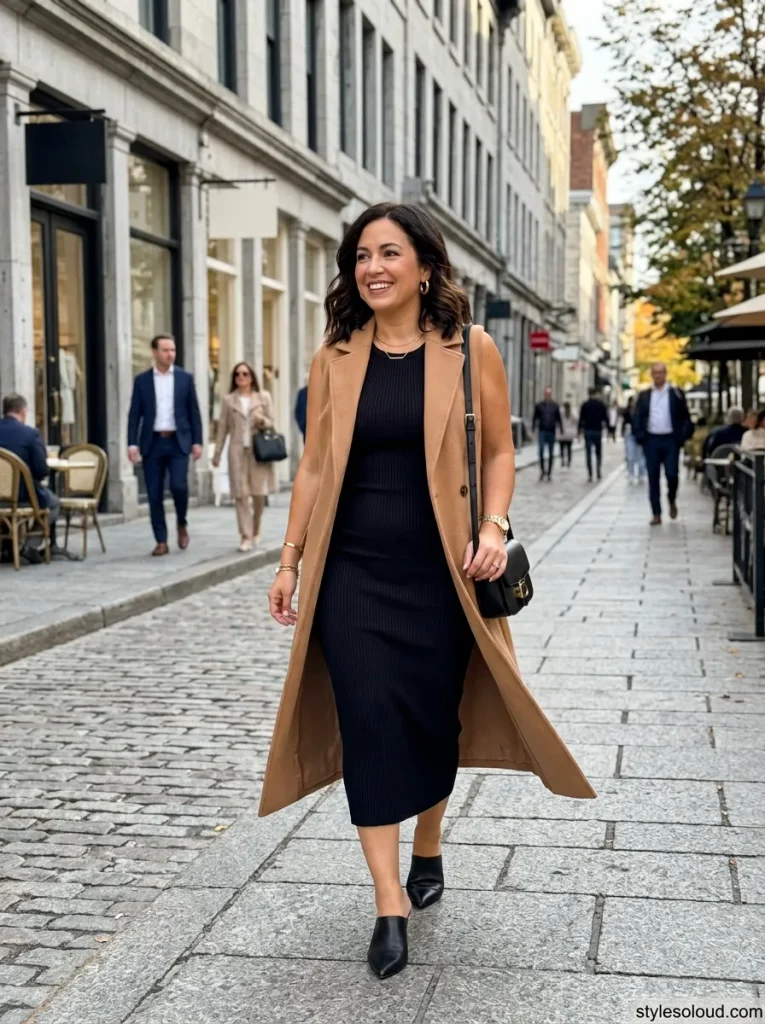 Black Midi Dress & Camel Duster