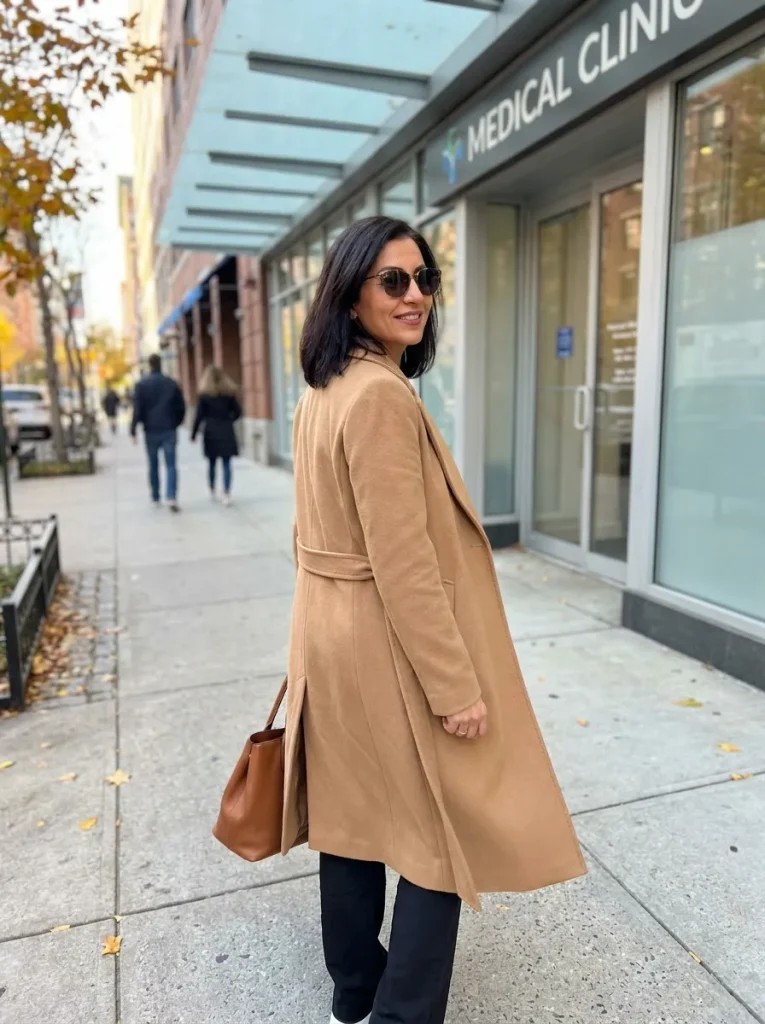 Black Scrubs with a Camel Commuter Coat