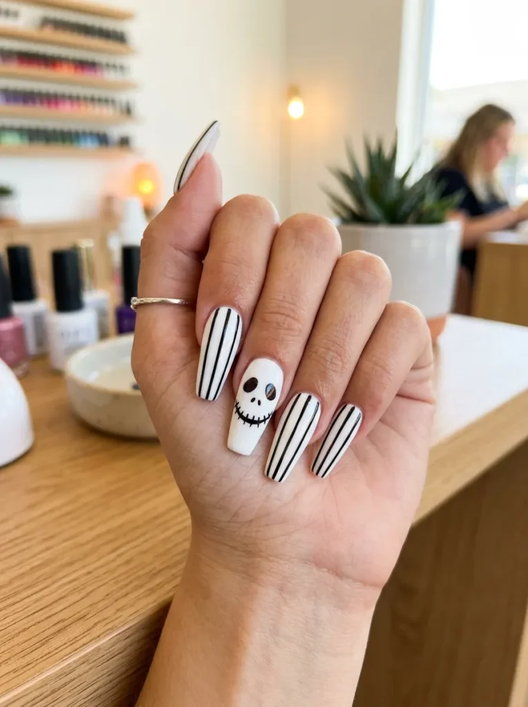 Black-and-White Striped "Spooky Man" Nails