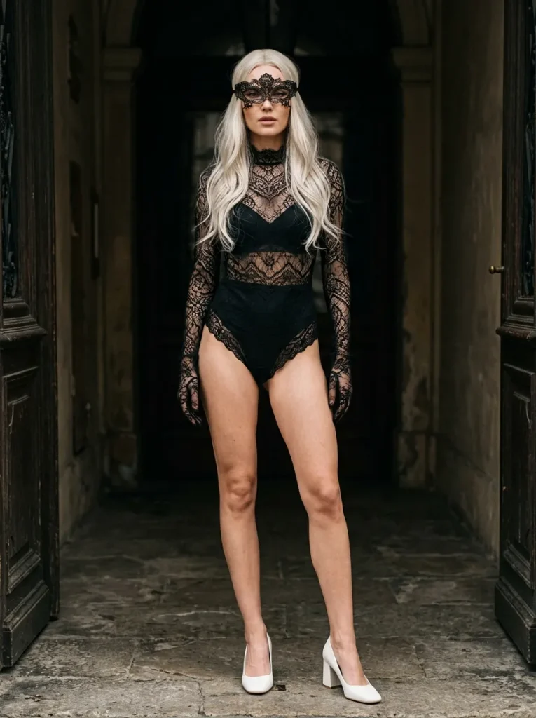 A Black Lace Bodysuit With a Lace Face Mask