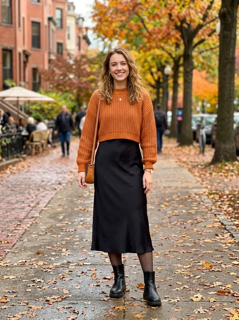 A Black Slip Dress Layered Under an Orange Knit
