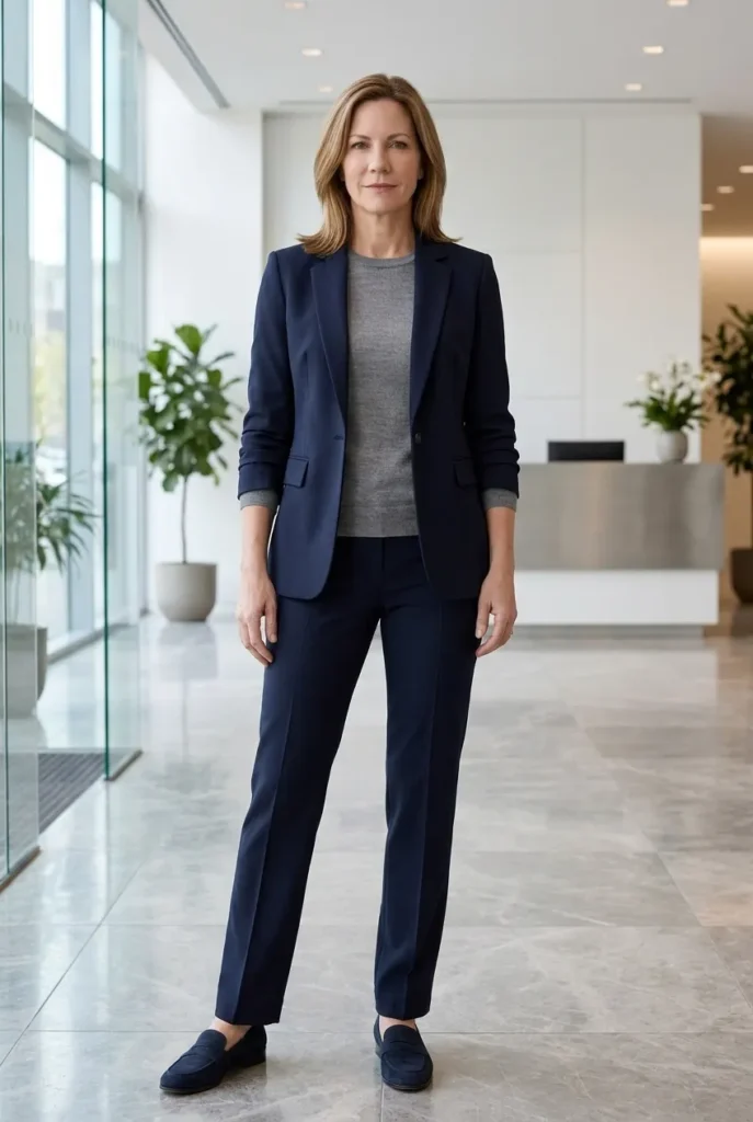Blazer over a fine knit — navy blazer, grey knit Winter Outfits for women over 40