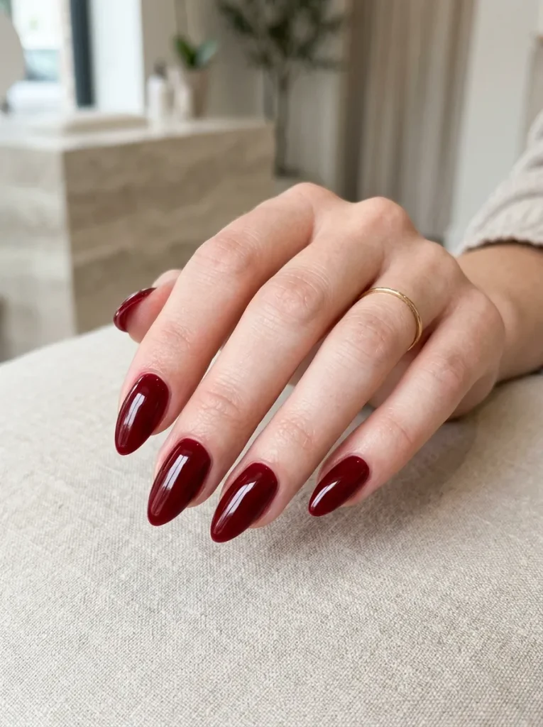 Blood-Red Almond Nails, Minimal and Chic