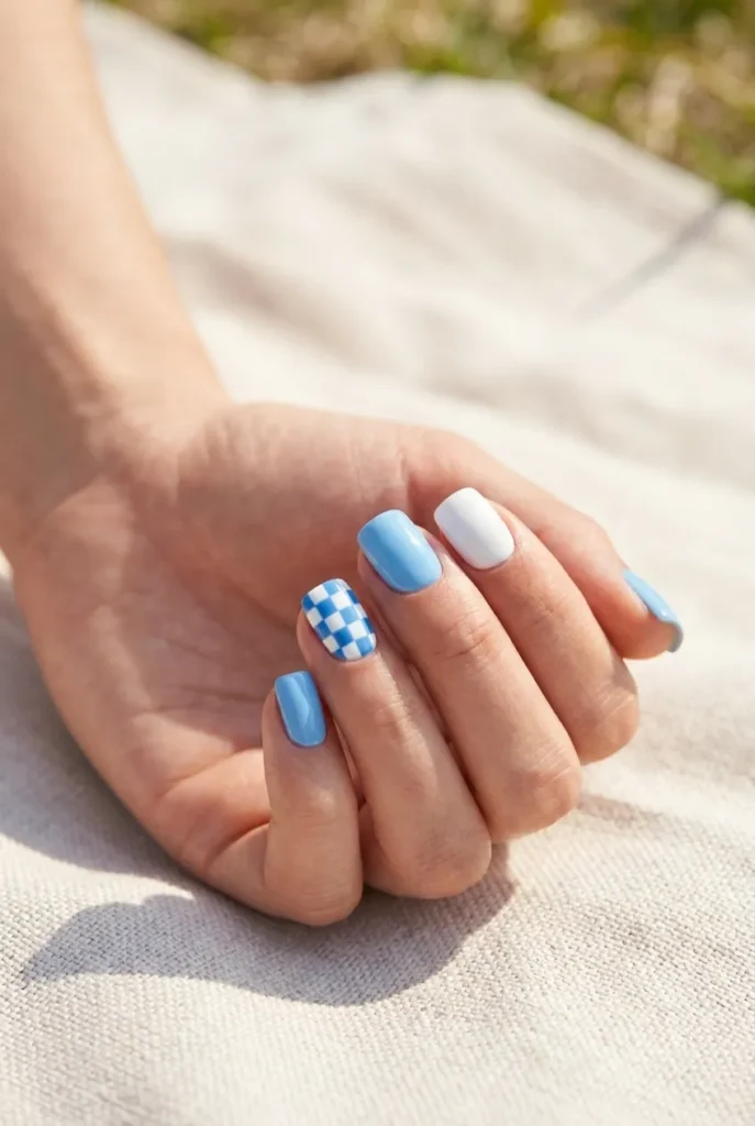 Blue checkerboard Nails art