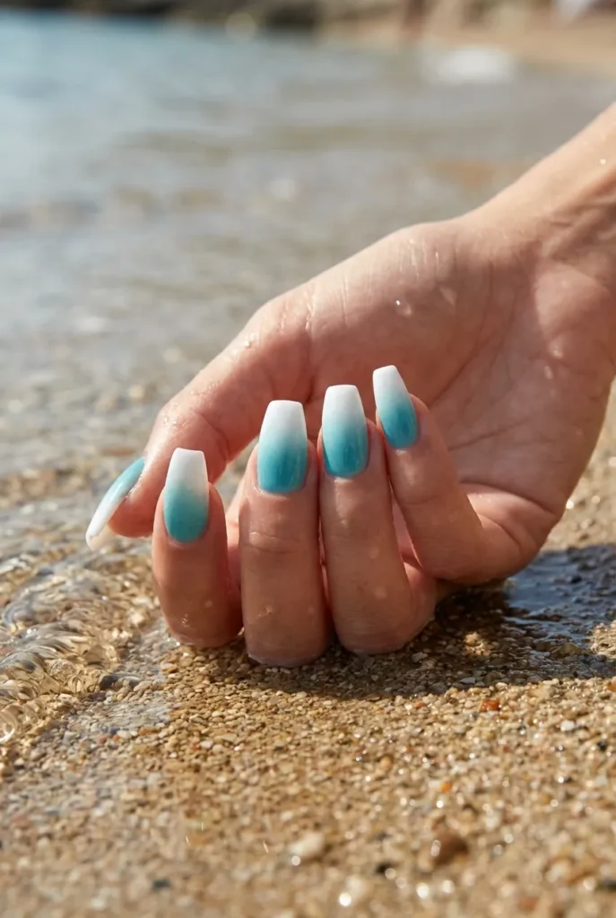 Blue-to-white sea foam ombre Nails art