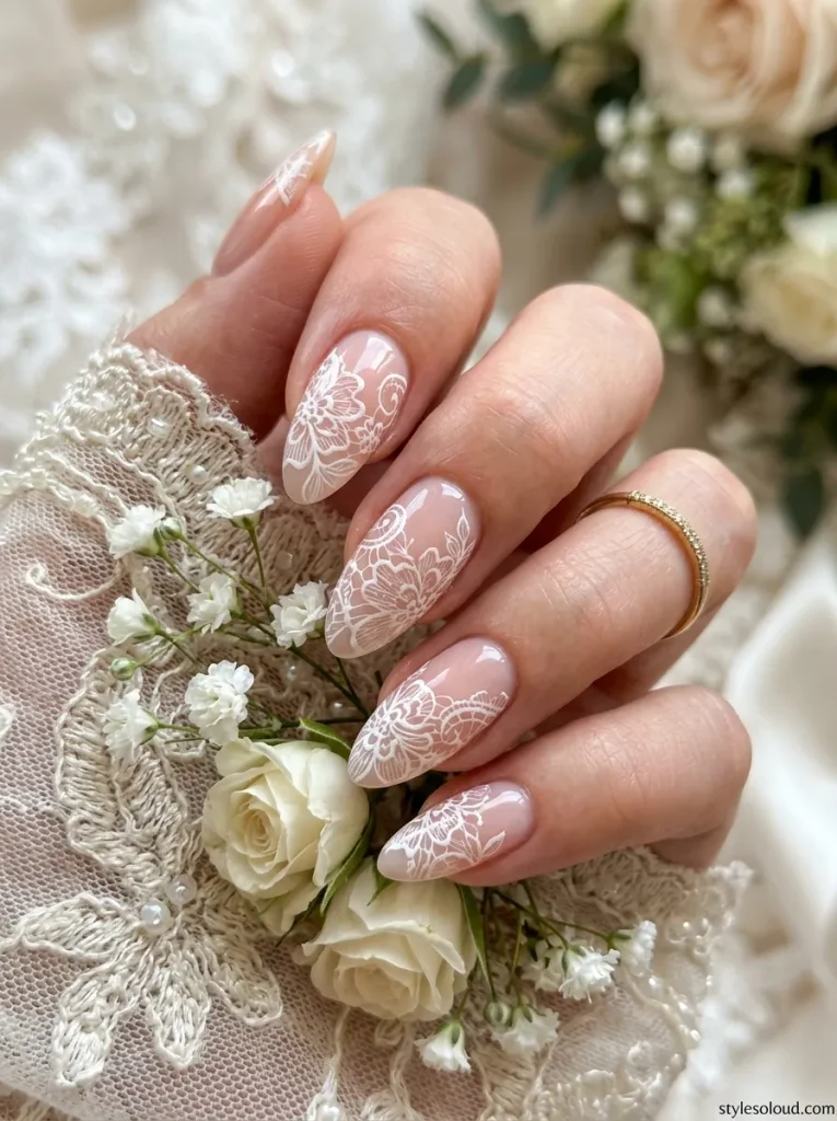 Bridal Chantilly White Lace on Sheer Blush
