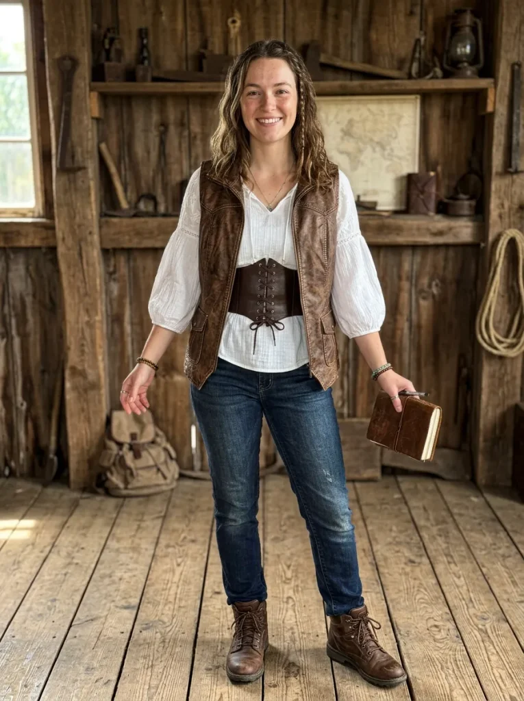 A Brown Faux-Leather Vest Over the Blouse