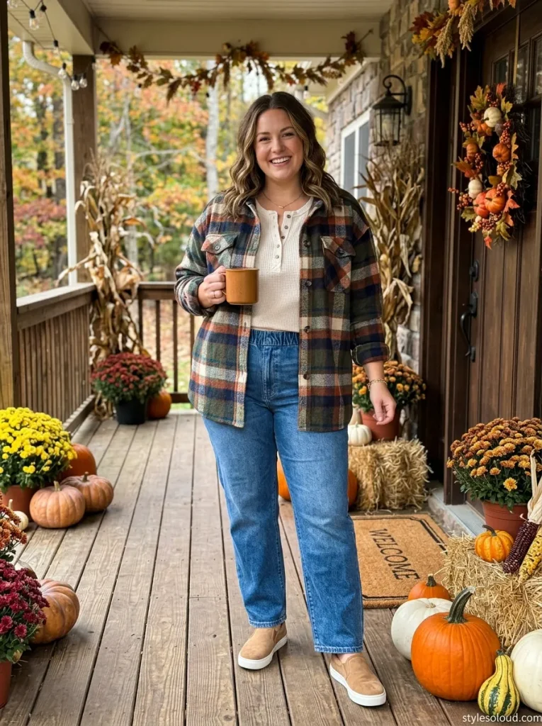 Brushed Plaid Shacket over a Cream Waffle Knit Henley