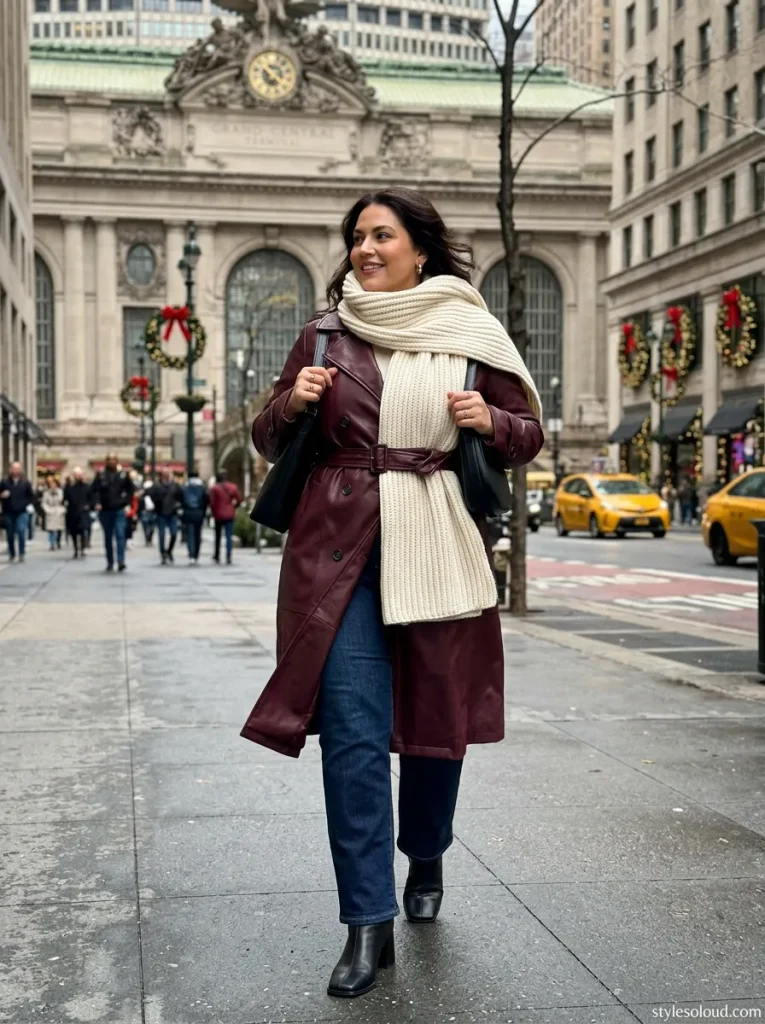 Burgundy Leather Trench & Ribbed Scarf