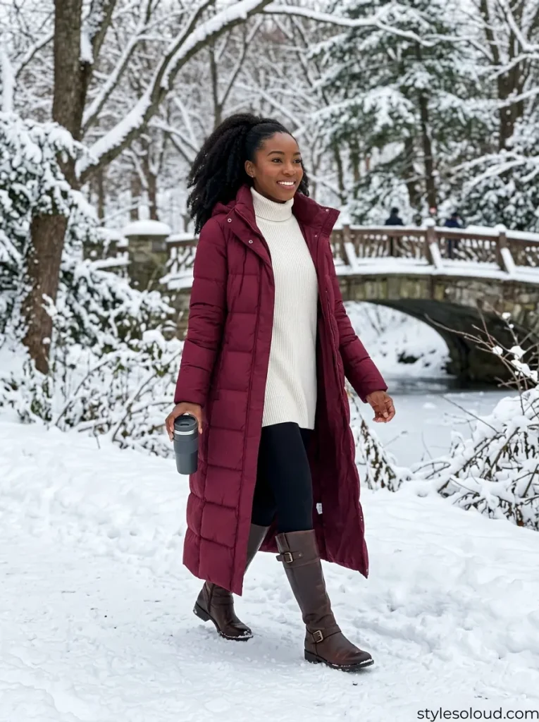 Burgundy Maxi Down Puffer & Riding Boots