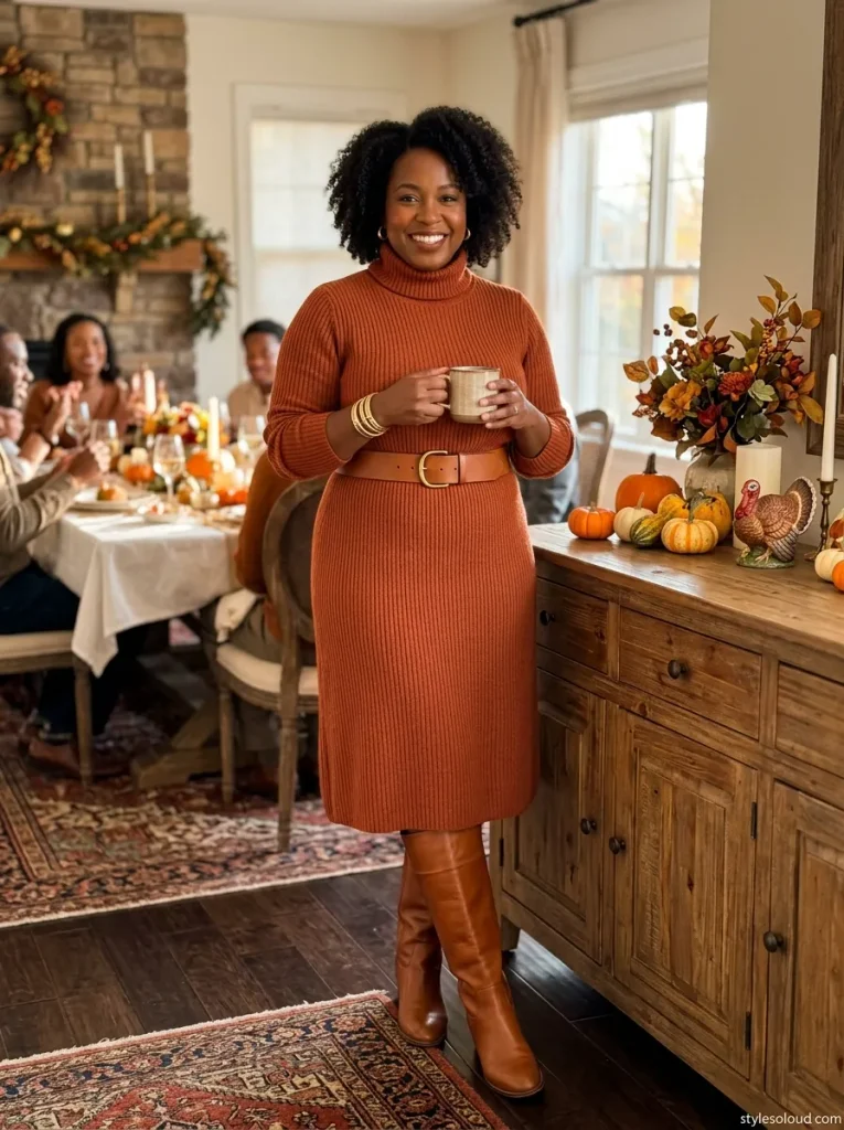 Burnt-Orange Ribbed Turtleneck Sweater Dress