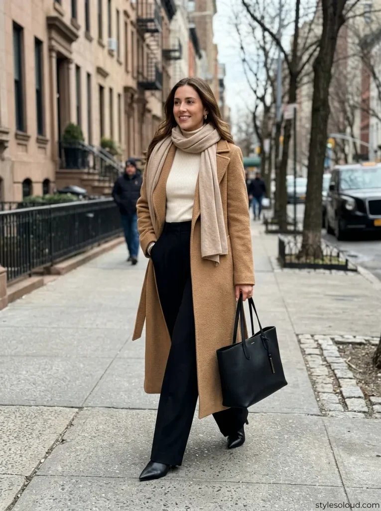 Camel Maxi Coat & Wide-Leg Trousers