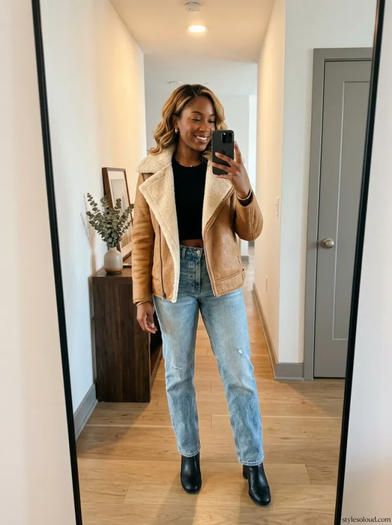 Camel Shearling Moto & Straight Jeans
