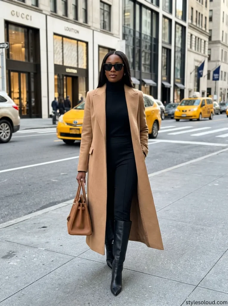Camel Wool Maxi Coat & All-Black Column