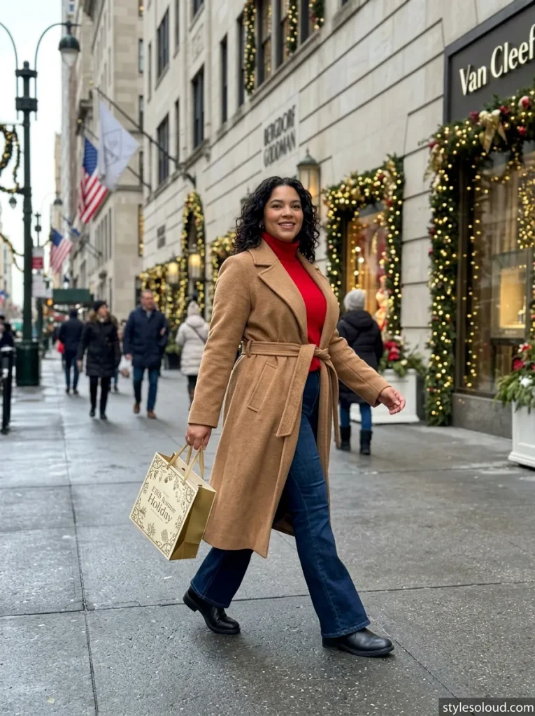 Camel Wrap Coat & Flare Jeans