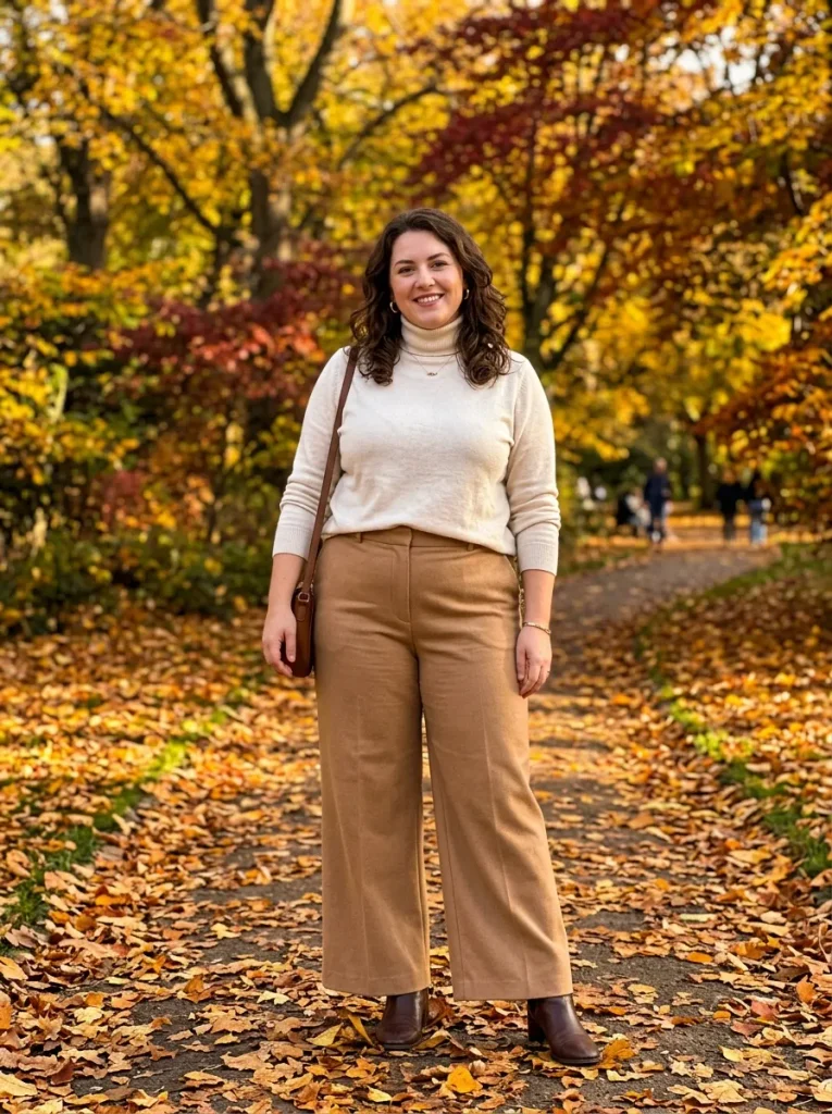 Wide-Leg Trousers in Camel With a Loosely Tucked Knit