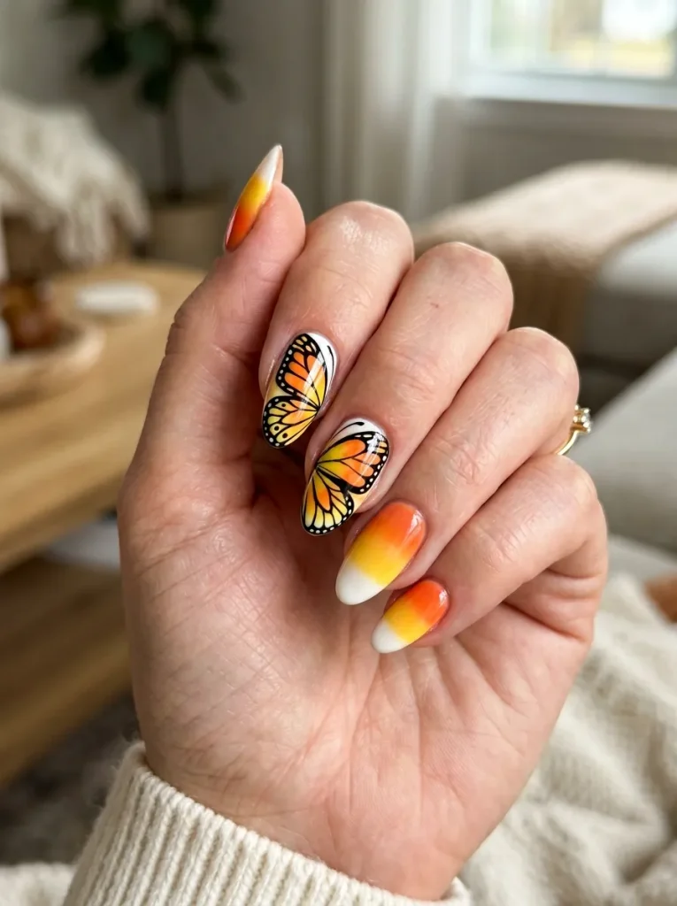 Candy-Corn Butterfly Swirl Nails