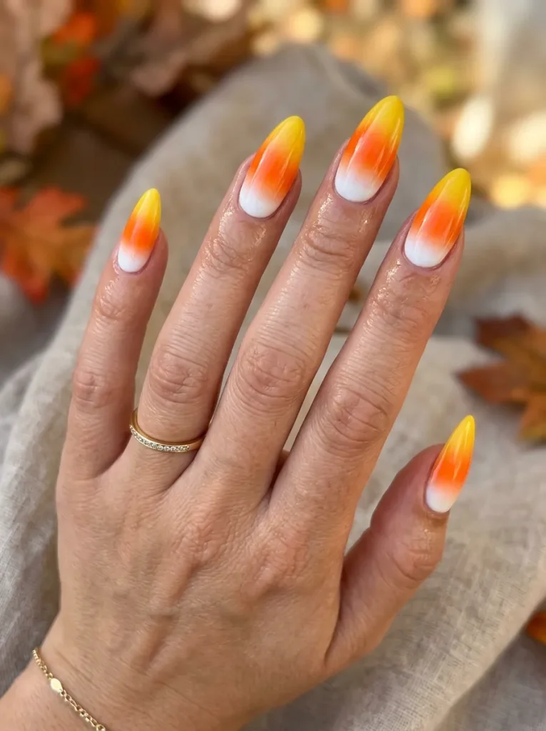 Candy-Corn Ombre on Long Almond Nails