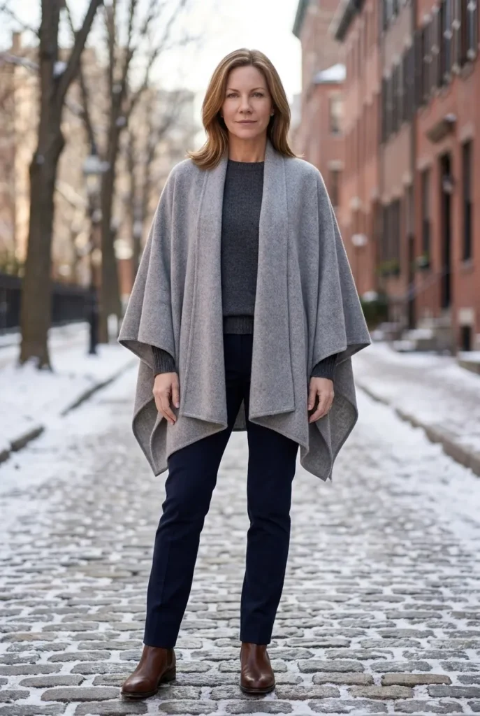 Cape or poncho — soft grey Winter Outfits for women over 40