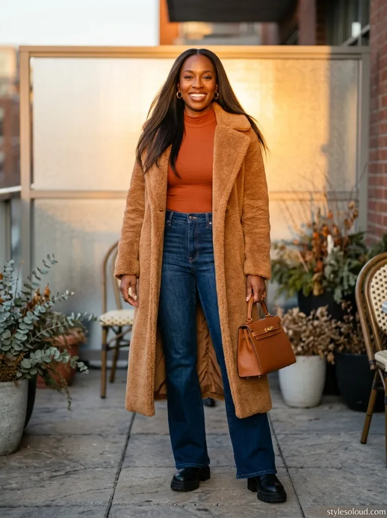 Caramel Shearling Duster & Flare Jeans