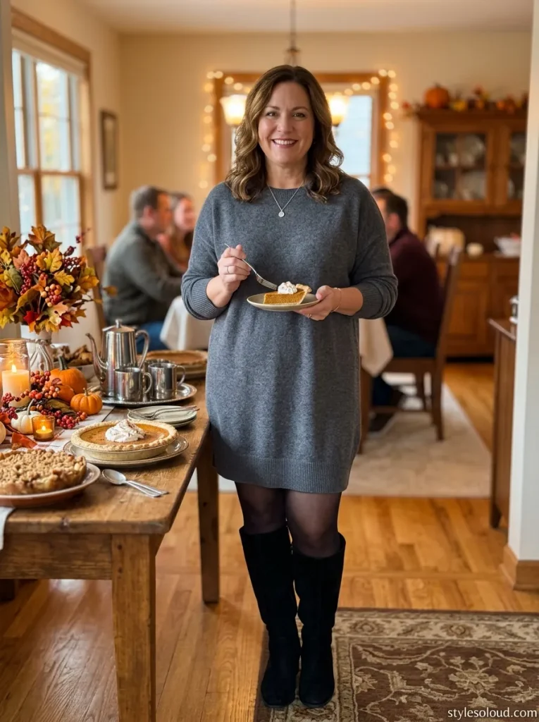 16. Knit Poncho & Skinny Jeans: A vertical 2:3 realistic Pinterest style photo of a chic curvy woman standing in a festive dining area. She is wearing an asymmetric oatmeal knit poncho draped over a black long-sleeve thermal top, paired with high-stretch dark-wash skinny jeans tucked into wide-calf cognac leather knee-high riding boots. The room is decorated with warm string lights, harvest garland, and glowing candles. Shot on iPhone 17 Pro, soft knit drape, flattering diagonal lines, clean portrait focus. In the bottom right area, positioned with a clear safe margin approximately 5–7% away from both the bottom and right edges to ensure the text is fully visible, unobstructed, and not cropped, the website text "stylesoloud.com" is crisply and legibly displayed. No other text in the image.