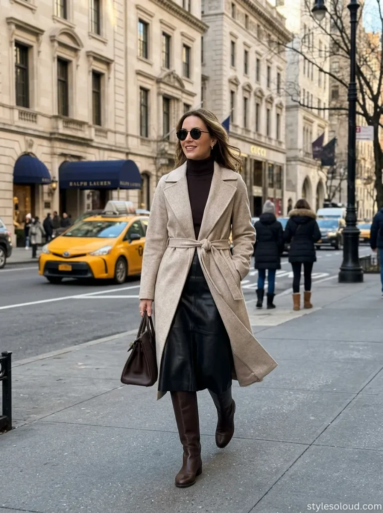 Cashmere Wrap Coat & Leather Midi Skirt