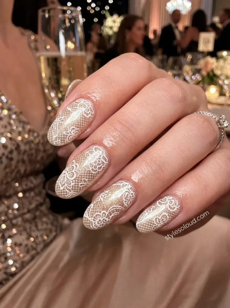 Champagne Shimmer with Intricate White Lace
