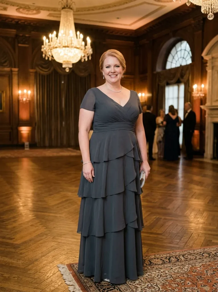 Charcoal Gray Chiffon Tiered Gown