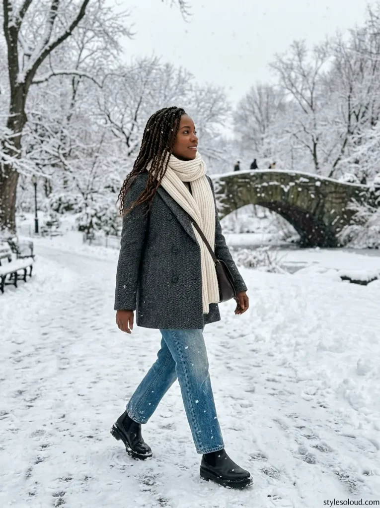 Charcoal Herringbone Peacoat & Chunky Scarf