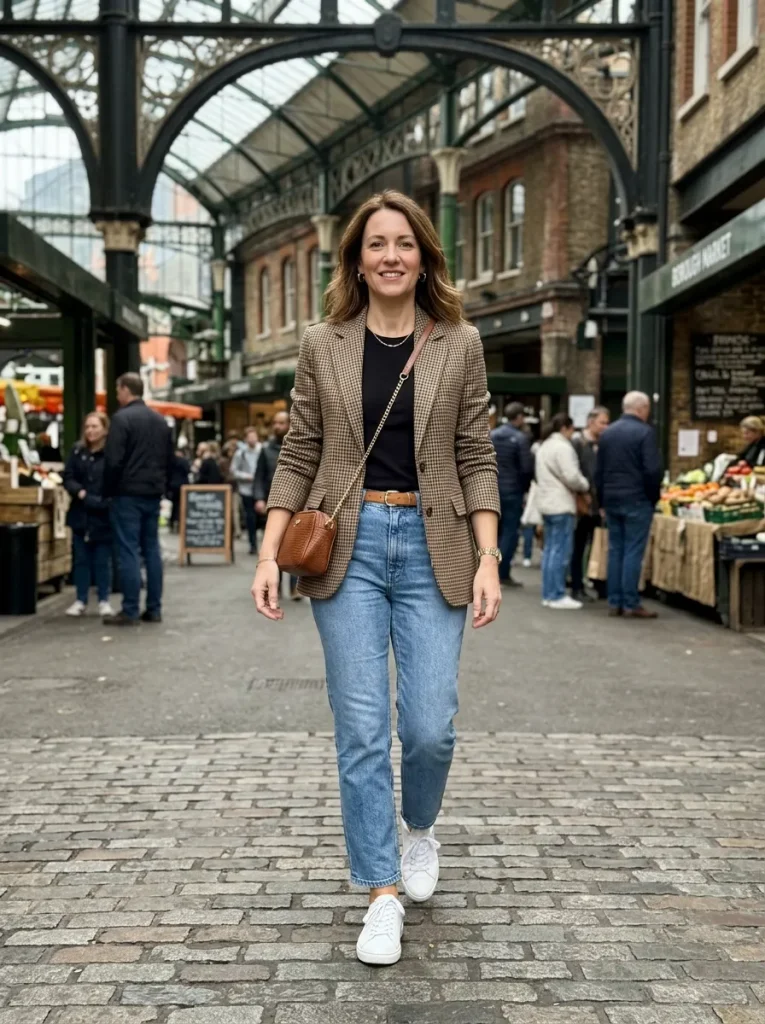 A Check Blazer With Straight Jeans and White Sneakers