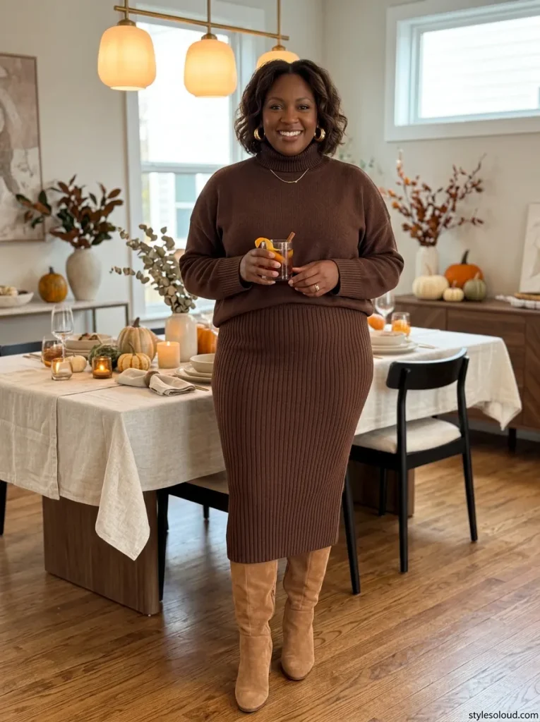 Chocolate Brown Monochromatic Knit Set with Gold Hoops