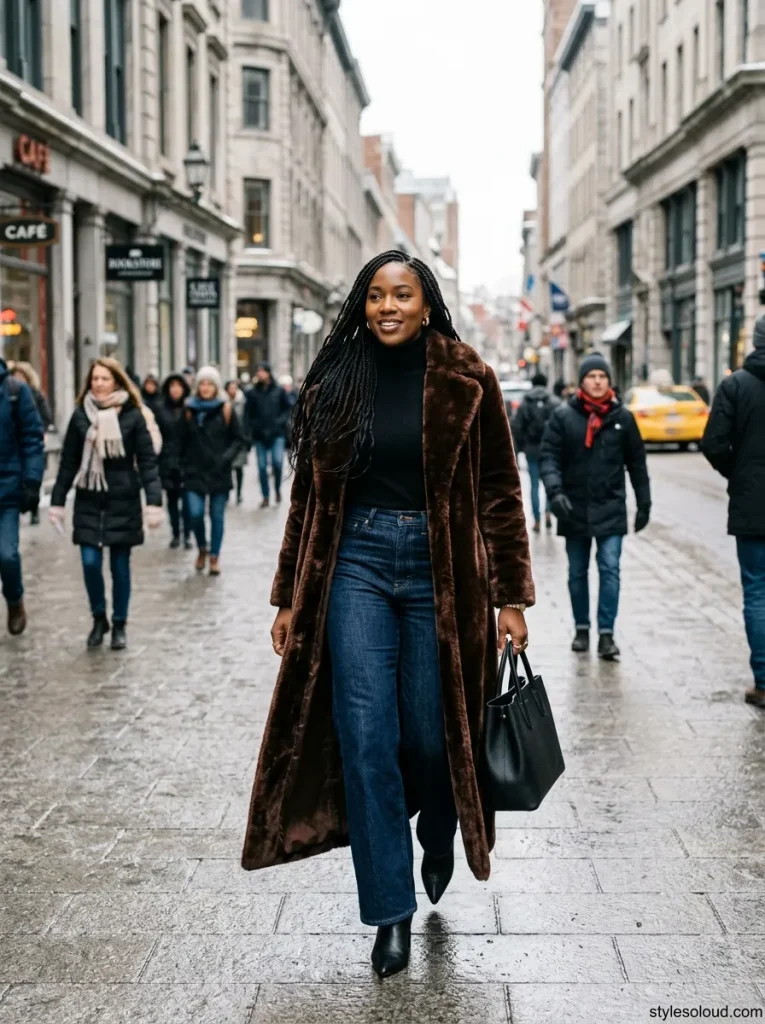 Chocolate Faux-Fur Maxi & Wide-Leg Denim