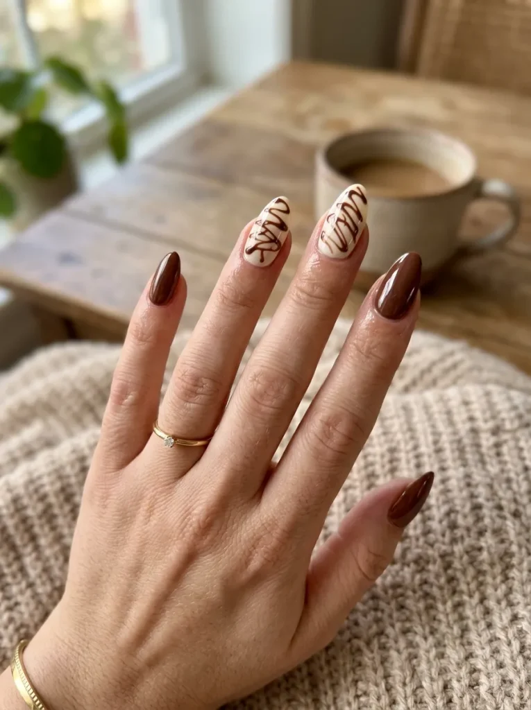 Chocolate-Brown and Cream Candy-Bar Nails