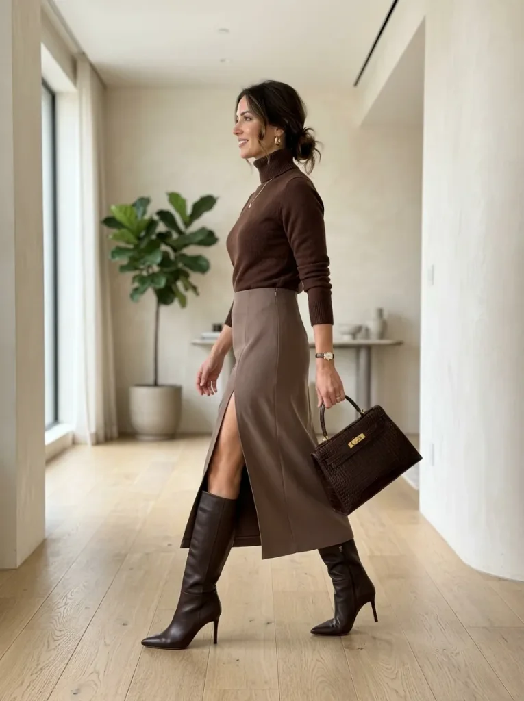 A Chocolate Turtleneck With a High-Slit Midi Skirt