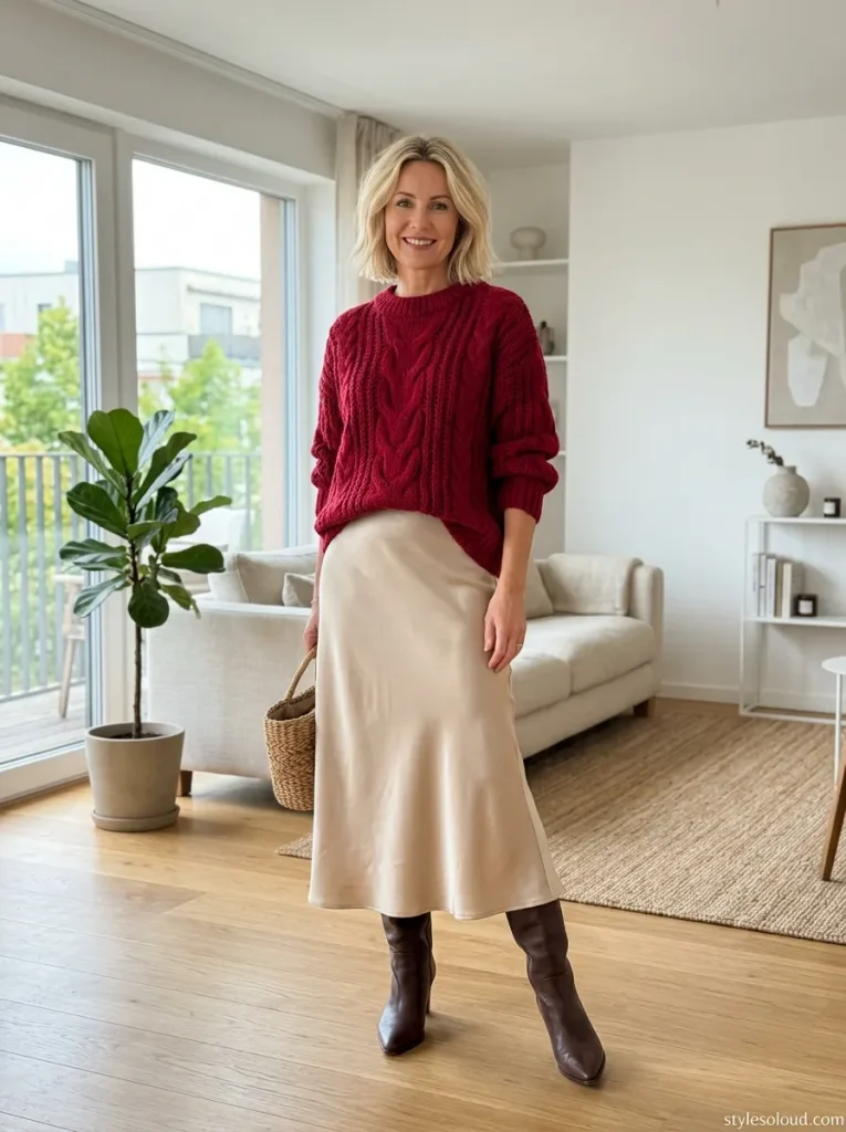 Chunky Cable-Knit Red Sweater & Satin Slip Skirt