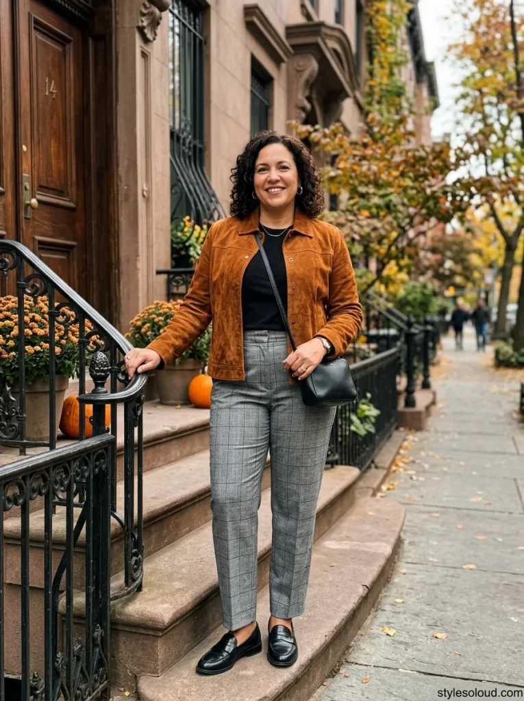 Cognac Suede Jacket over a Black Crewneck & Windowpane Trousers