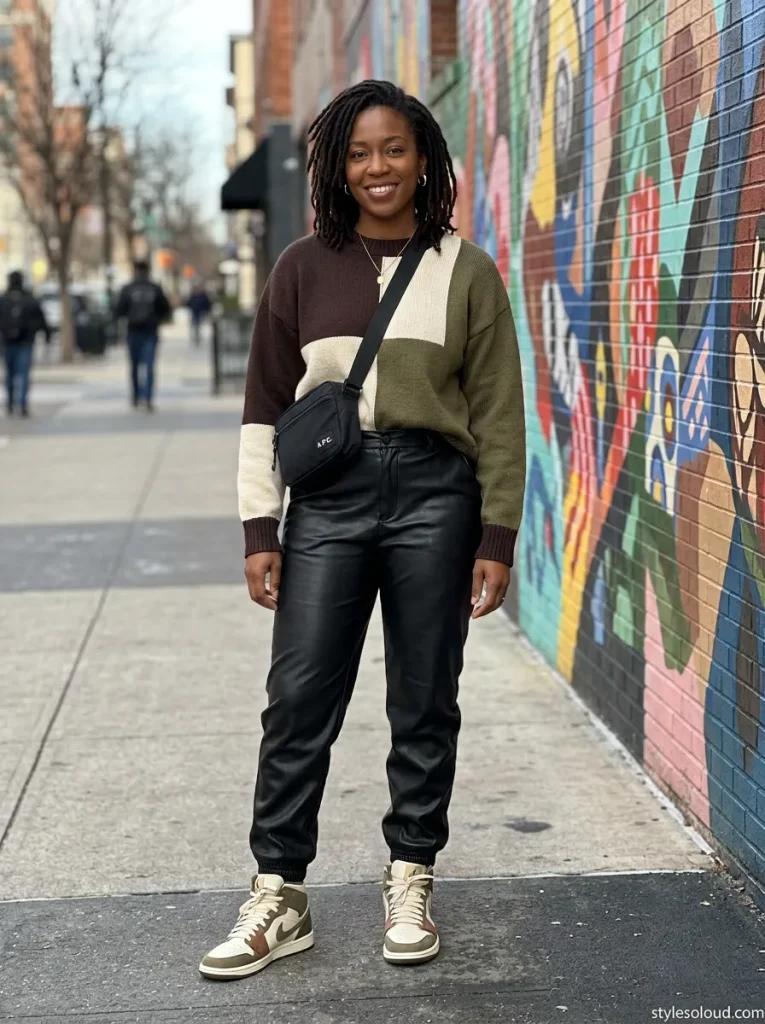 Colorblock Knit & Faux-Leather Joggers