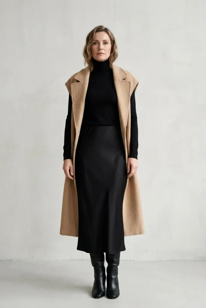 Column of color under a contrast vest — camel vest over an all-black column