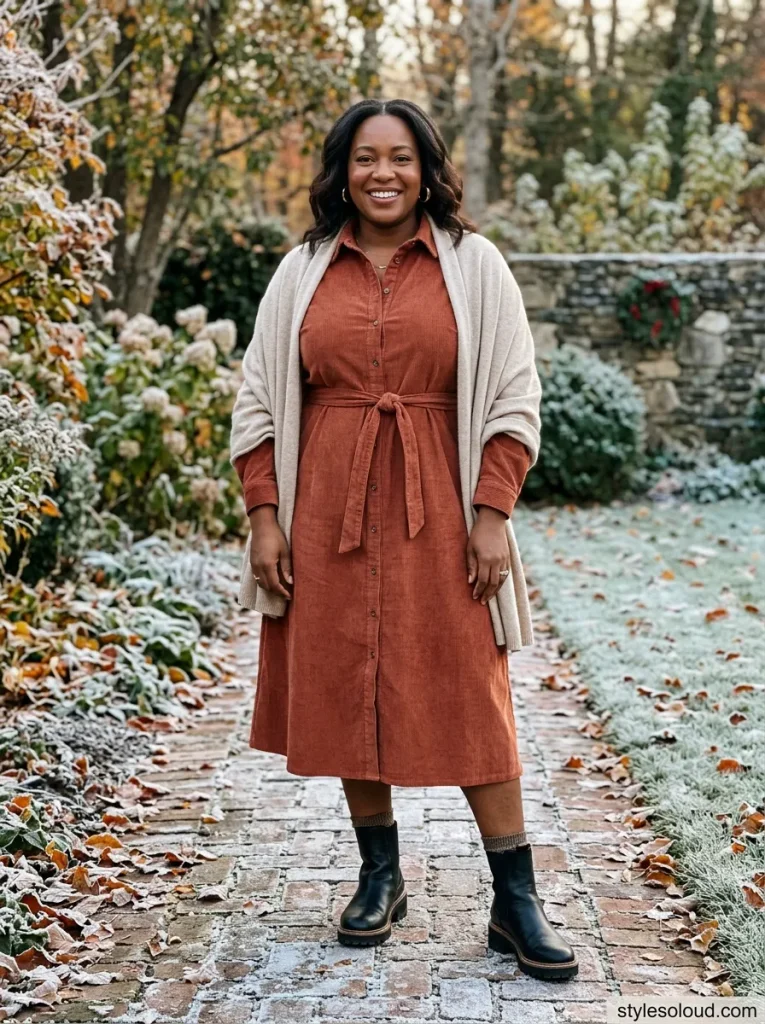 Corduroy Shirt Dress & Lug-Sole Boots